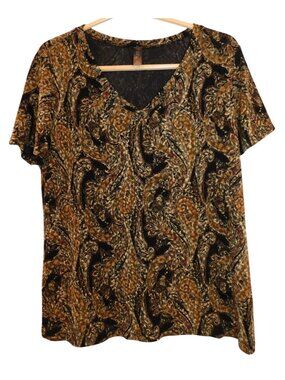 White Stag Women L 12-14 Paisley Boho V-Neck Short Sleeve Top Brown Black Casual